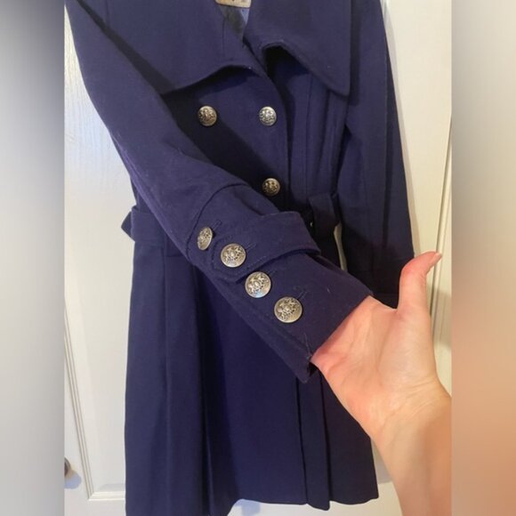 Guess Wool Blend Blue Coat Double Breasted Belted Size M Ornate Buttons Retro - Picture 5 of 12